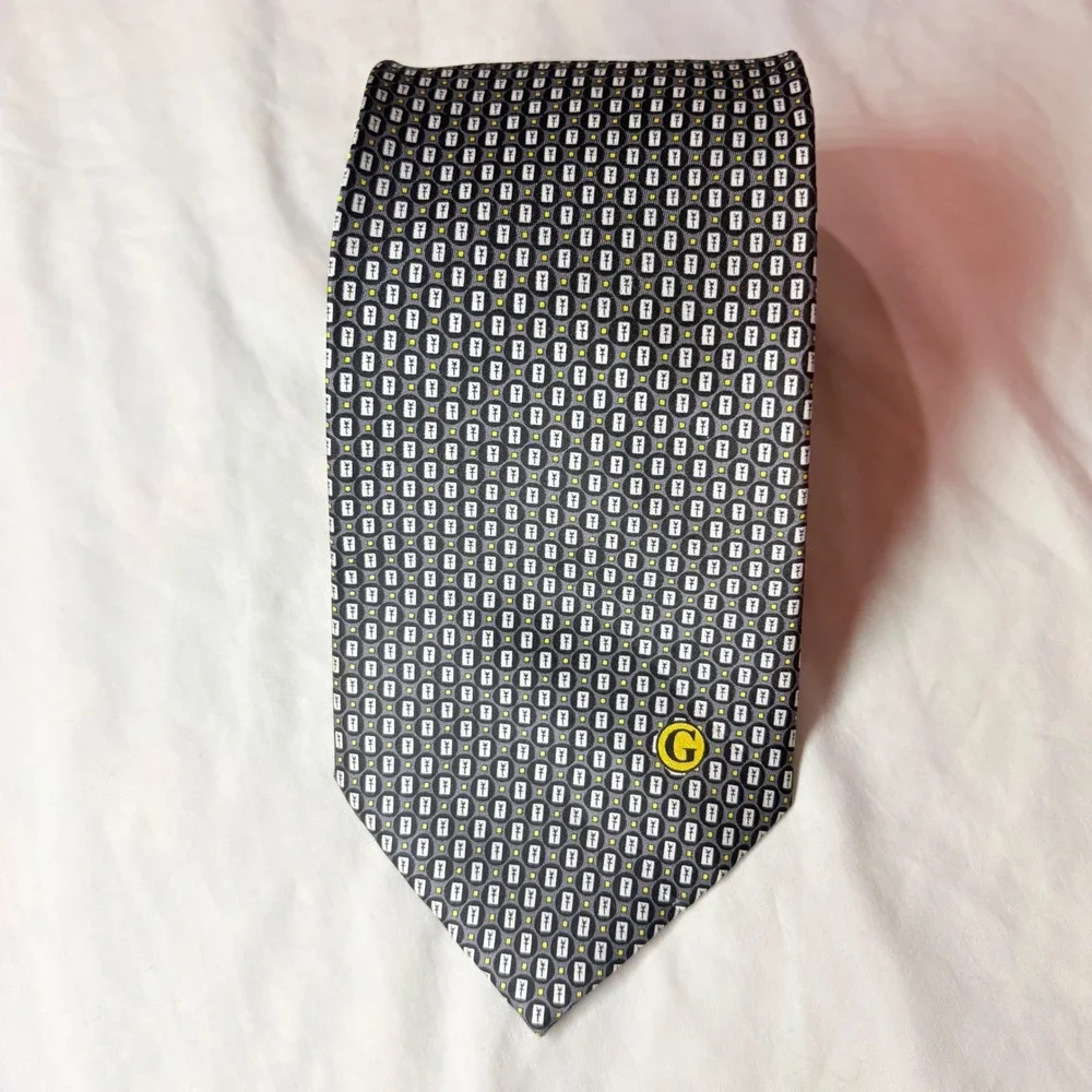 Gucci Silk Tie Grey Yellow Geometric G Logo Micro Print Made in Italy Necktie